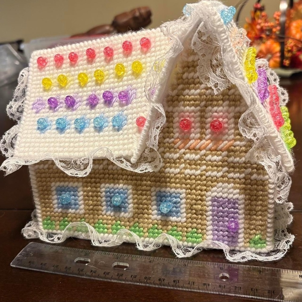Pair Handmade Plastic Canvas Gingerbread Candy Houses Beaded Lace Christmas Vtg